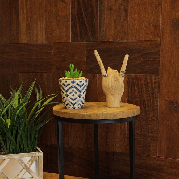 Carved Wooden Rock On Devil Horns Hand Gesture Statue Natural Finish Home Decor - Picture 4 of 7